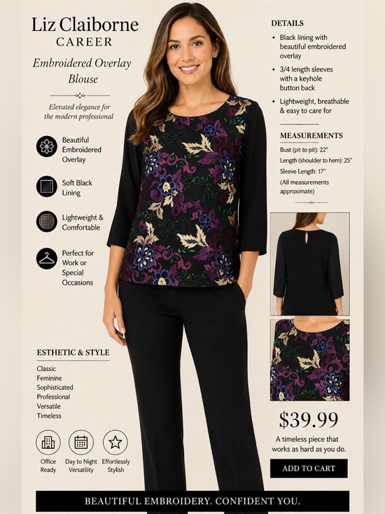Liz Claiborne Tops - Liz Claiborne Black Floral Embroidered Overlay Long Sleeve Top